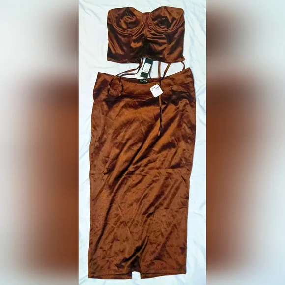 Fashion Nova Chocolate Satin Skirt Set - Picture 2 of 3